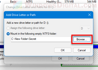 Mount in the following empty NTFS folder