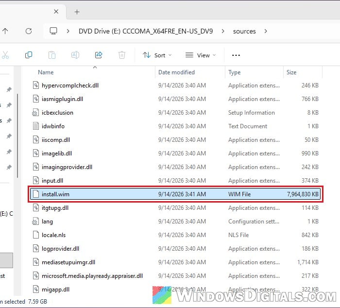 Mounted Windows 11 ISO install.wim sources folder