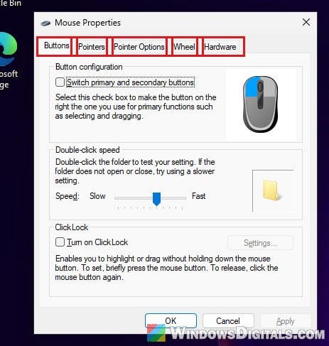 Mouse Properties window tabs Windows 11