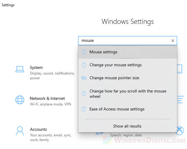 Mouse settings in Windows 10