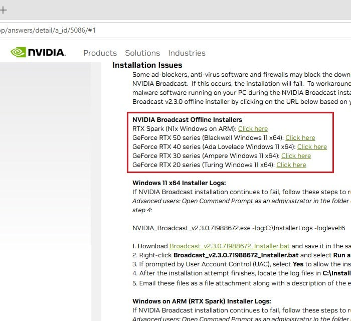 NVIDIA Broadcast offline installers by GPU series