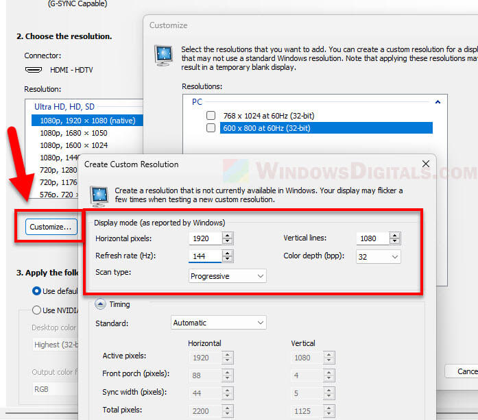 NVIDIA Control Panel Create Custom Resolution Customize Button