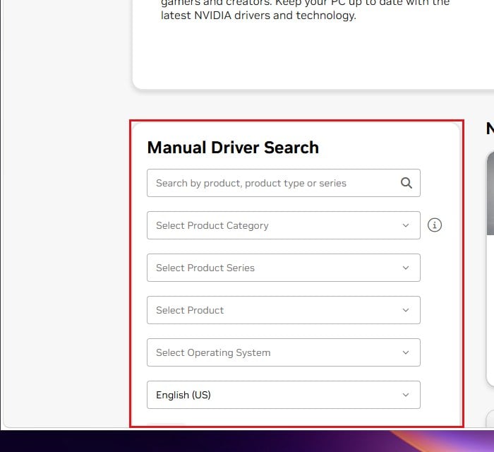NVIDIA drivers page manual driver search