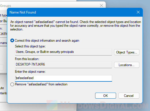 Name Not Found Windows 11 object name