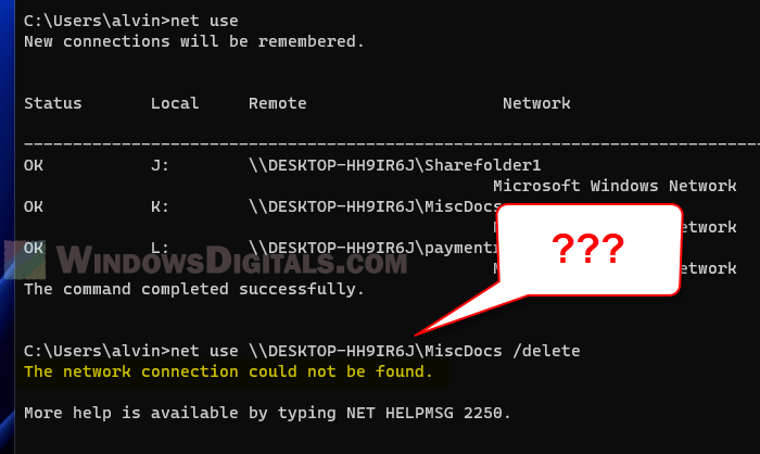 Net Use Delete credentials The network connection could not be found