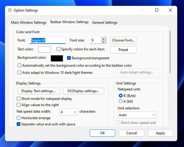 Net speed monitor taskbar window settings