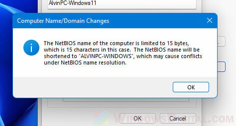 NetBIOS computer name is limited to 15 bytes characters