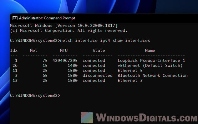 Netsh interface ipv4 show interfaces Windows 11