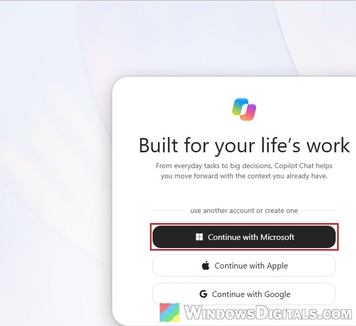 New Copilot app sign in Continue with Microsoft Windows 11