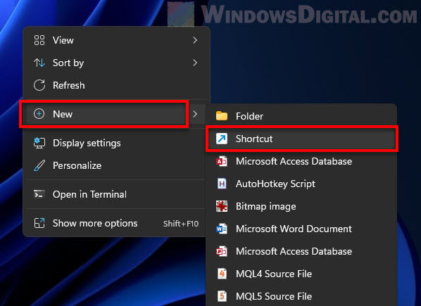 New Shortcut Windows 11