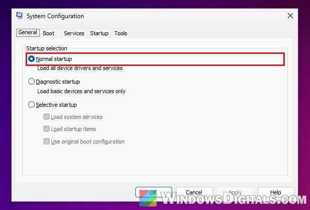 Normal startup in System Configuration Windows 11