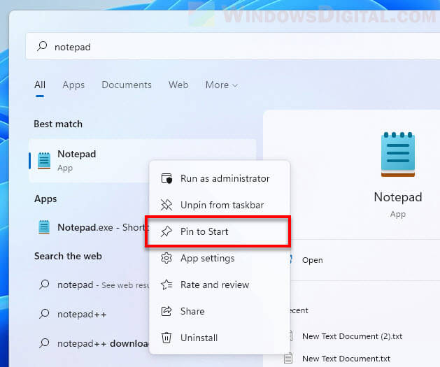 Notepad Pin to Start Windows 11