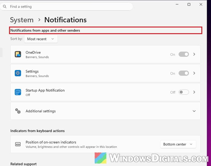 Notifications from apps and other senders in Windows 11 Settings