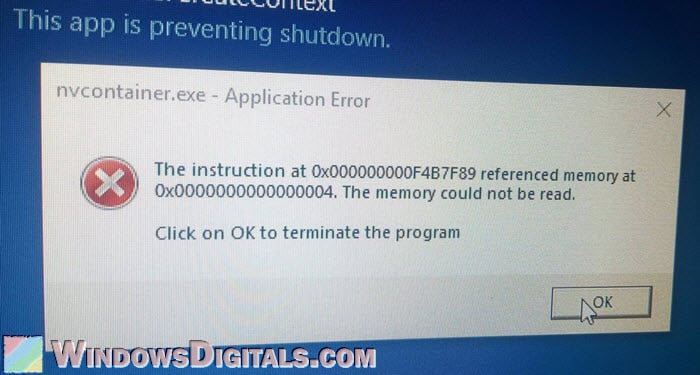 Nvcontainer.exe error when shutting down
