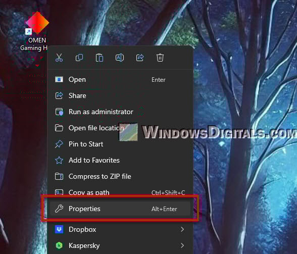 OMEN Gaming Hub Desktop Shortcut Properties
