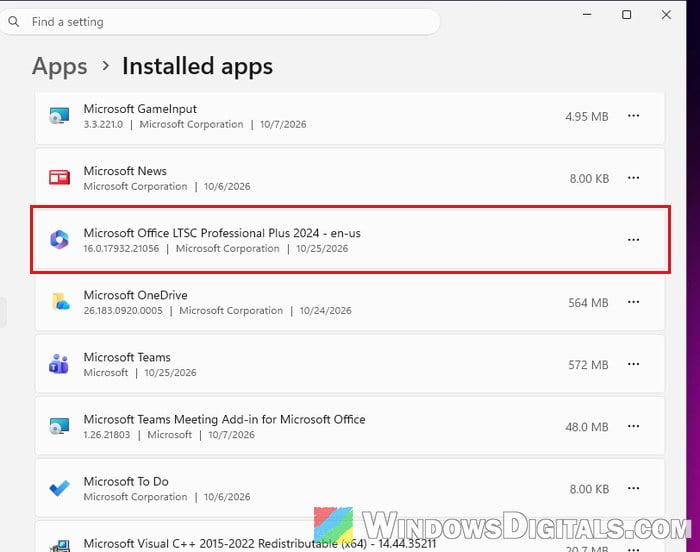 Office in Installed apps Windows 11 Settings