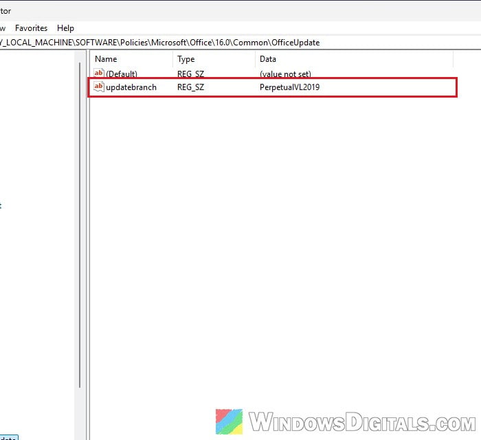 OfficeUpdate key updatebranch value Registry Editor Windows 11