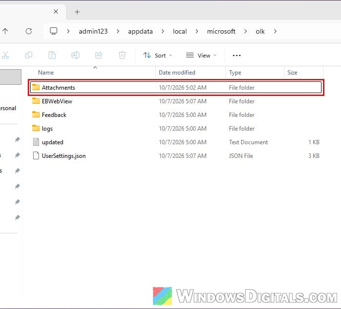 Olk folder of the new Outlook in File Explorer Windows 11