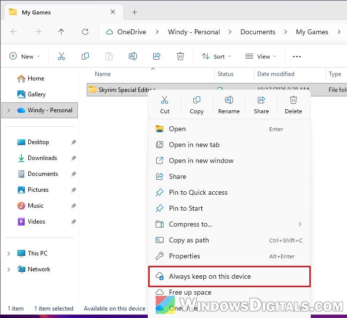 OneDrive Always keep on this device game folder Windows 11