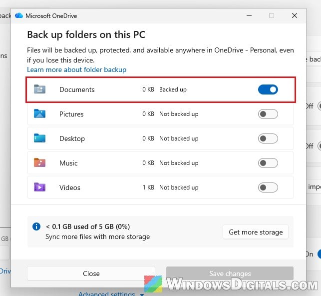 OneDrive Manage backup Documents folder Windows 11