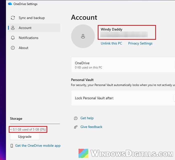 OneDrive app account and storage used Windows 11