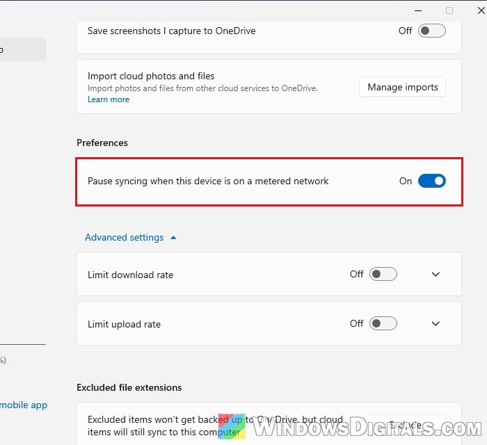 OneDrive pause syncing on metered network battery saver settings