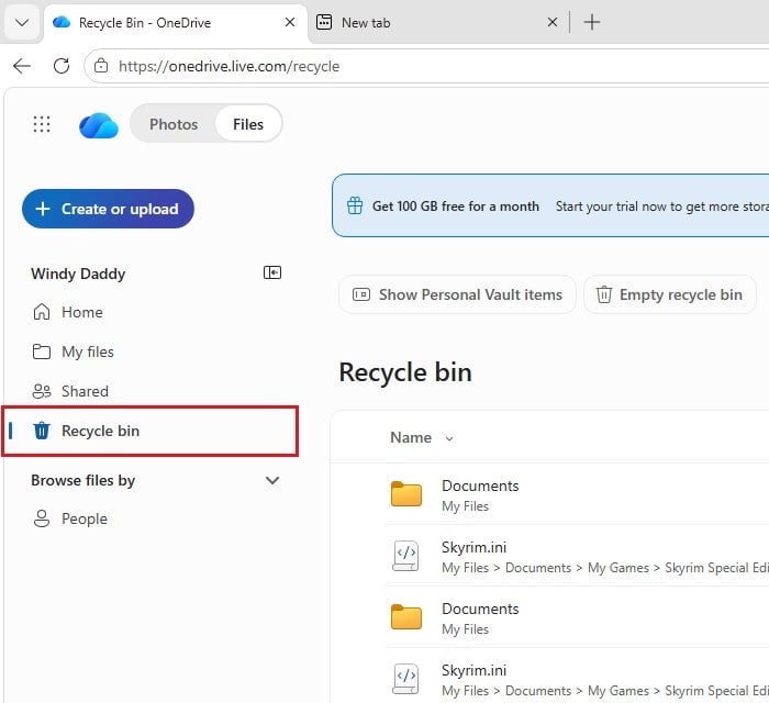 OneDrive recycle bin on the web Windows 11