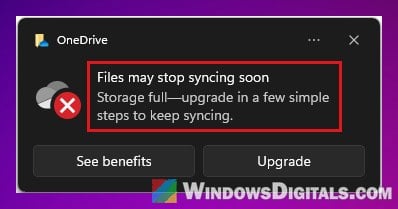 OneDrive storage full over storage limit warning