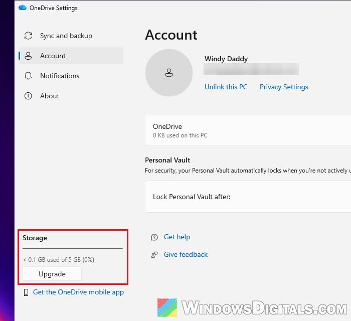 OneDrive storage used Account settings Windows 11