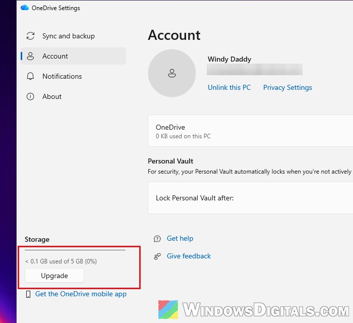 OneDrive storage used Settings Account Windows 11