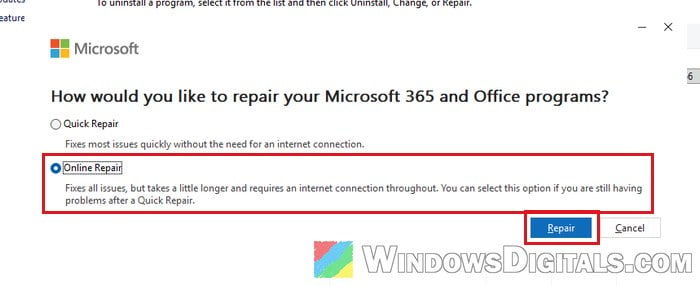Online Repair Office Windows 11