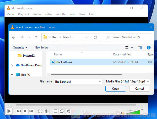 Open AVI file with VLC media player