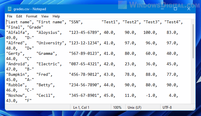 Open CSV file in Notepad