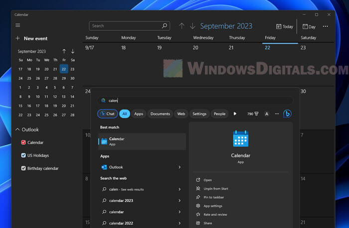 Open Calendar app in Windows 11