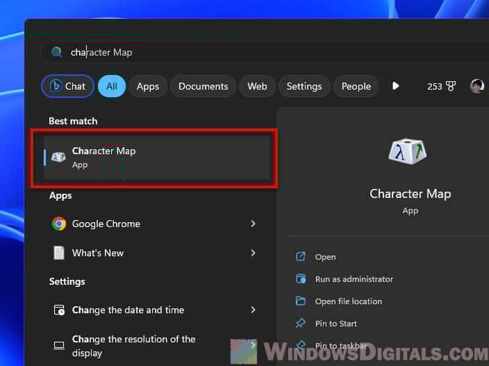 Open Character Map in Windows 11