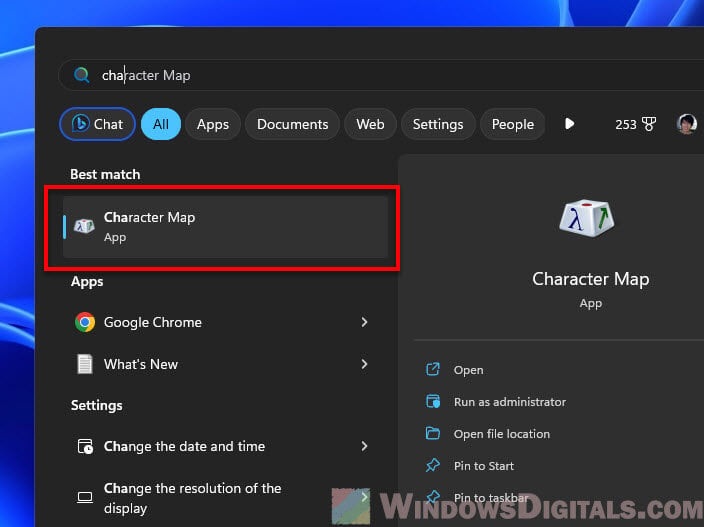 Open Character Map in Windows 11