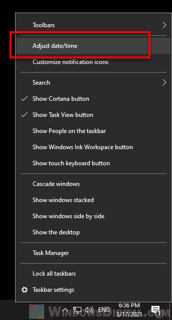 Open Date and time settings in Windows 10