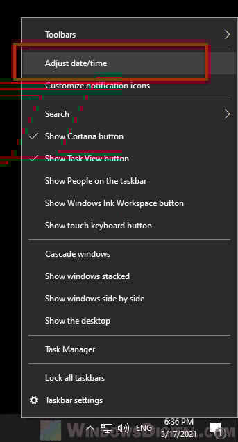 Open Date and time settings in Windows 10