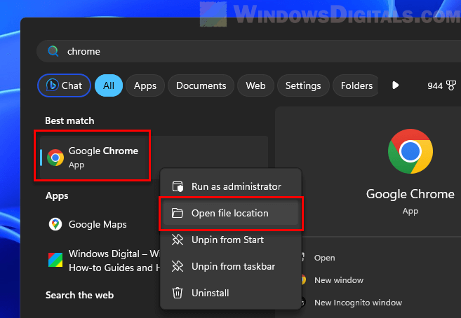 Open Google Chrome File Location from Start menu