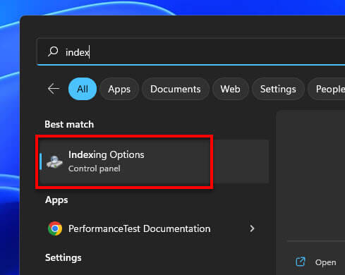 Open Indexing Options Windows 11