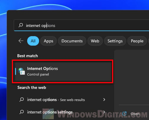 Open Internet Options Windows 11