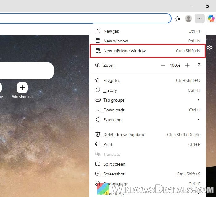 Open New InPrivate window in Microsoft Edge Windows 11