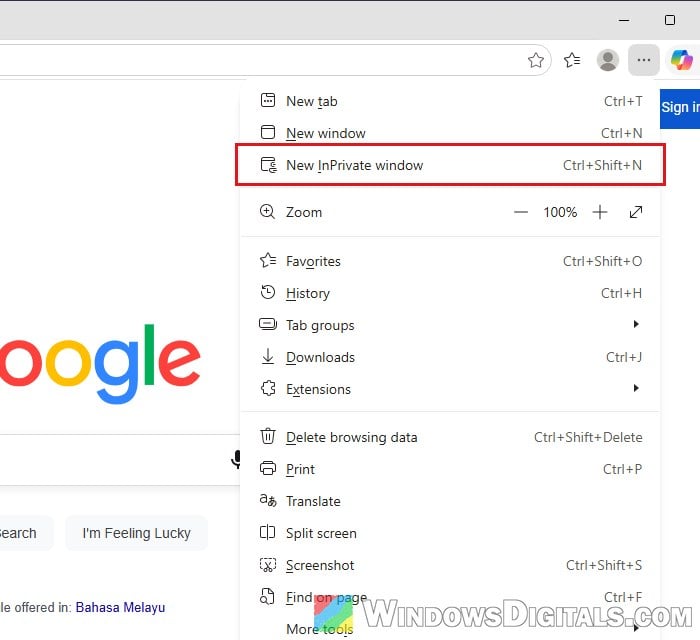 Open New InPrivate window in Microsoft Edge