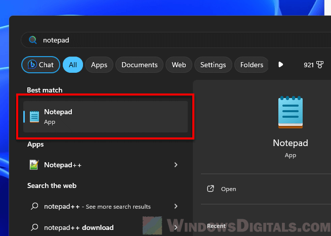 Open Notepad in Windows 11