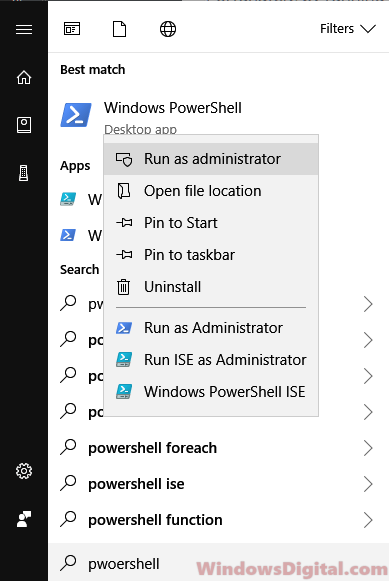 Open PowerShell run as administrator Windows 10