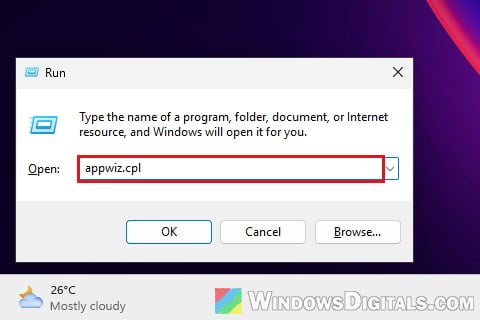 Open Programs and Features appwiz.cpl Windows 11