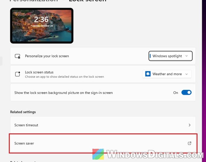 Open Screen saver settings from Lock screen Windows 11