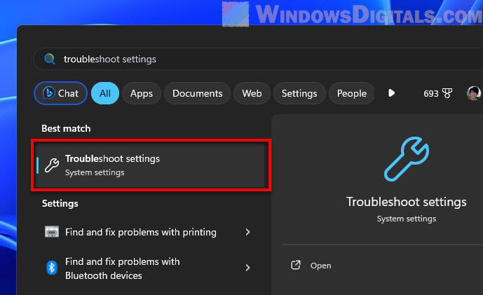 Open Troubleshoot Settings in Windows 11