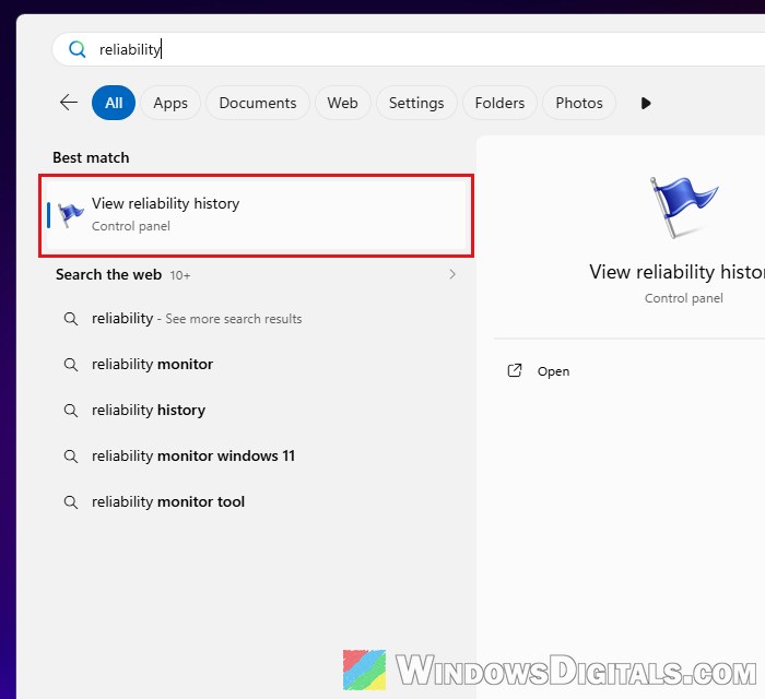 Open View reliability history Windows 11