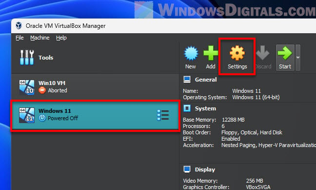 Open Windows 11 VM Settings in ViirtualBox